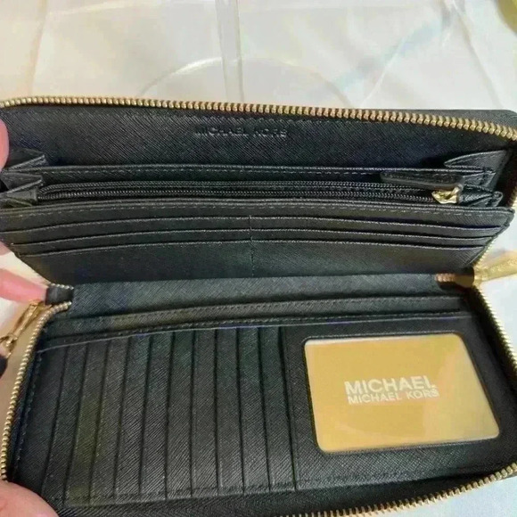 NWT! Jet Set Travel Continental Wallet Black with strap and gold accents - Picture 4 of 8